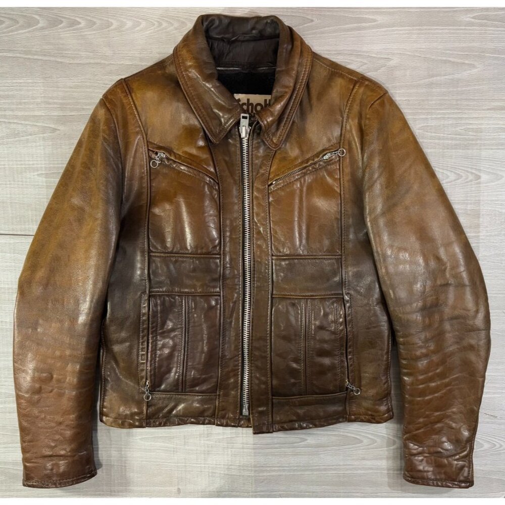 Schott Leather talon zipper Motorcycle Jacket sz 40 color brown PATINA made USA